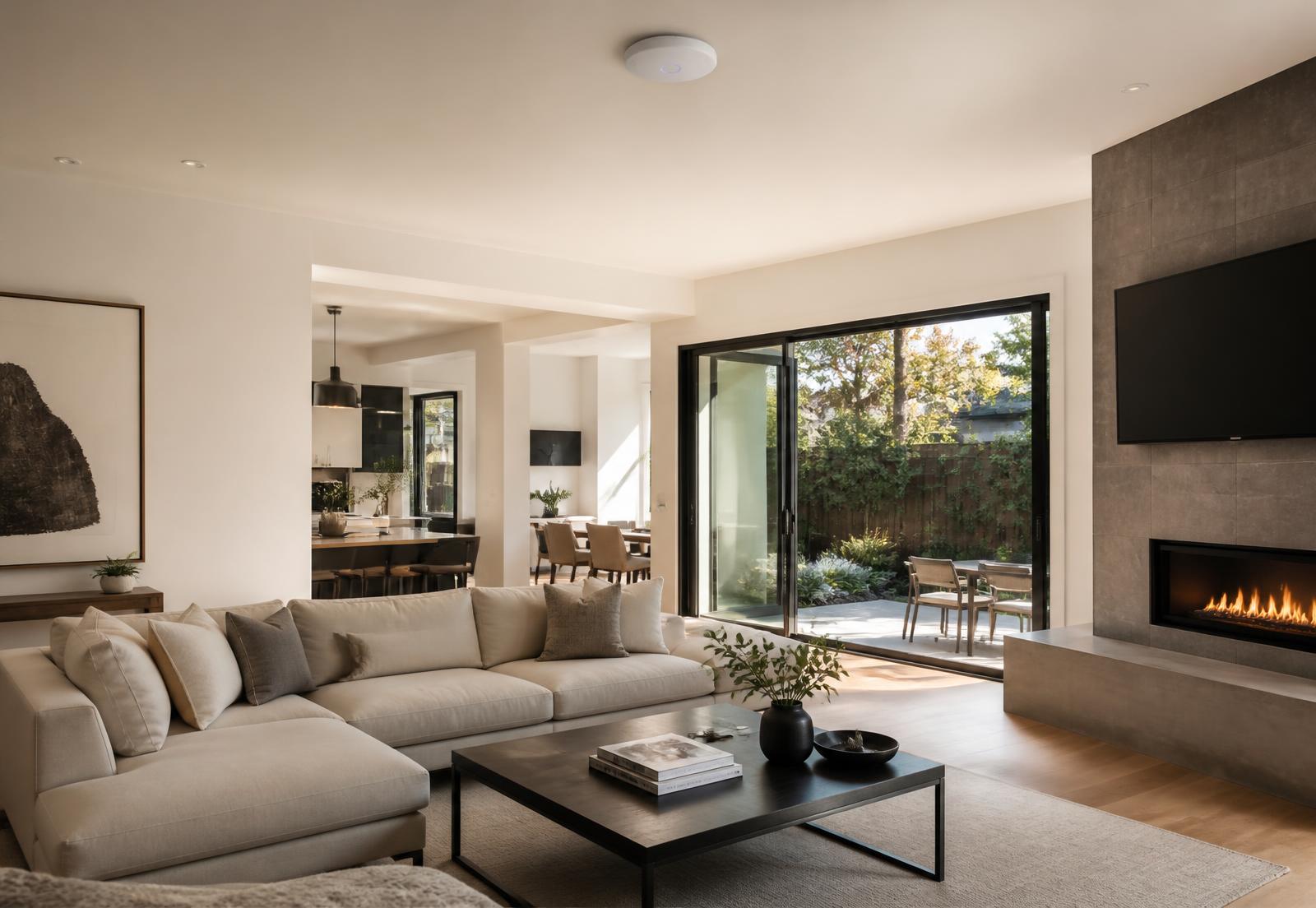 Modern living room with a ceiling-mounted wireless access point